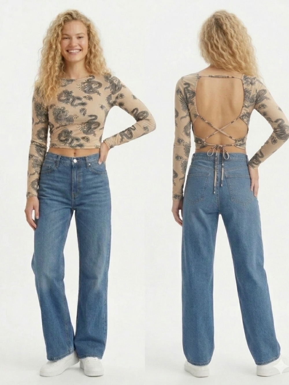 Dragon Print Beige Black Open Back Top S